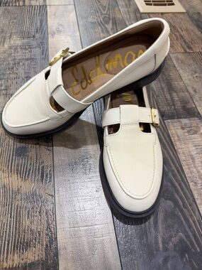 Sam Edelman Cream Leather Loafers with Gold Buckle
